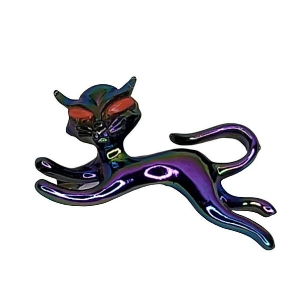 Vintage Psychedelic Iridized Cat Brooch Purple Green Red Eyes 1 1/2"X 1 - Picture 1 of 3